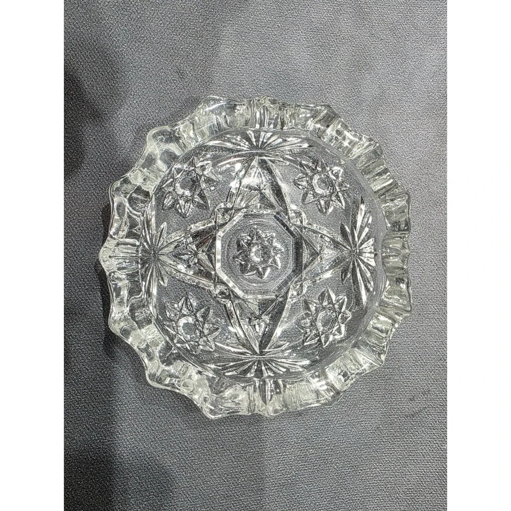 Vintage Clear Pressed Glass Flower Frog and Bowl Set Starburst Pattern 2 Piece